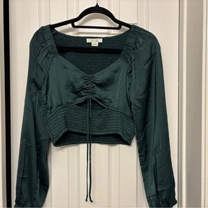 American Eagle Outfitters Green Crop Tie Front Ruched Blouse